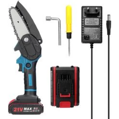 HAPPYSHOPPING 21 V 4 Zoll Tragbare Elektrische Astsäge Kleine Holzspaltkettensäge Bürstenmotor Einhand-Holzbearbeitungswerkzeug Für Gartenobstgärten,EU-Plug 2 Batterien, Multicolor