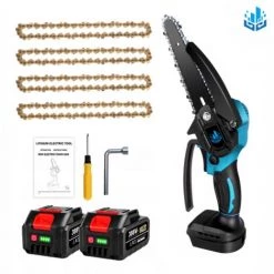 Elektrische Mini-kettensägen | Akku-Kettensägen ONEVAN Elektro-Kettensäge 1200W 6 Zoll Für Makita 18V Akku - Einstellbare Geschwindigkeit Zum Schneiden Von Holz - Blue Mit 2*Akku, 4*Kettens