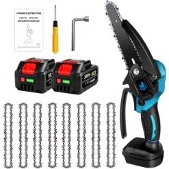 ONEVAN Elektrische Mini-kettensägen | Akku-Kettensägen Bürstenlos 1200W 6 Zoll Blau - Für Makita 18V Akku - Einstellbare Geschwindigkeit Zum Schneiden Von Holz - Mit 2*Batterien, 8*Kette