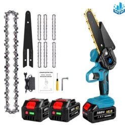 Elektrische Mini-Kettensägen | Akku-kettensägen 6 Zoll 1200W Onevan Elektro-Kettensäge Für Makita 18V - Einstellbare Geschwindigkeit Zum Schneiden Von Holz - Mit 2*Akku+6*Kette - Blau