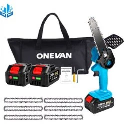 ONEVAN Elektrische Mini-kettensägen | Akku-Kettensägen 6” 1200W Elektrosäge Kabellos Für Makita 18v Akku Einstellbare Geschwindigkeit Für Holzschnitt - Blau - Mit 2*Akku+6*Kette Silber+1*Tasche