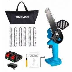ONEVAN Elektrische Mini-kettensägen 6” Akku-Kettensägen 1200W Für Makita 18V Akku - Blau - Mit 2*Akku 128vf+6*Kette Silber+2*Kettenführung
