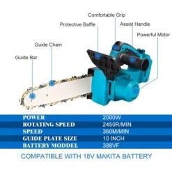 Akku-Kettensäge ONEVAN 10 Zoll Blau Bürstenloser Motor - Für Makita 18V Akku - Mit 2*Akku 18V + Kettensägenkoffer 7 Akku-Kettensäge ONEVAN 10 Zoll Blau Bürstenloser Motor - Für Makita 18V Akku - Mit 2*Akku 18V + Kettensägenkoffer -Kettensägen & Zubehör Shop 58659260 3
