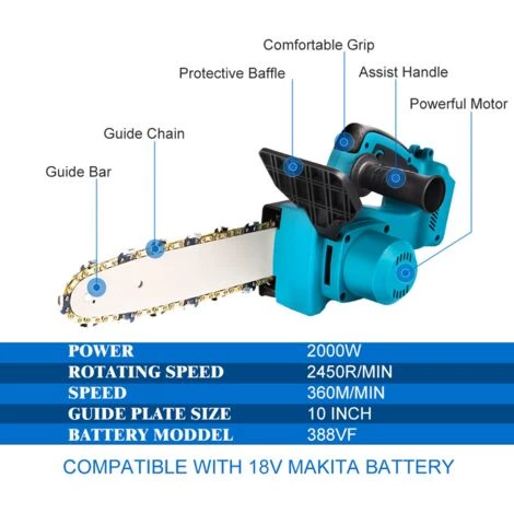 Akku-Kettensäge ONEVAN 10 Zoll Blau Bürstenloser Motor - Für Makita 18V Akku - Mit 2*Akku 18V + Kettensägenkoffer 3 Akku-Kettensäge ONEVAN 10 Zoll Blau Bürstenloser Motor - Für Makita 18V Akku - Mit 2*Akku 18V + Kettensägenkoffer – Bild 3