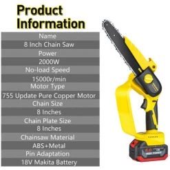 ONEVAN Akku-Kettensägen 8 Zoll Elektrische Mini Kettensägen Geeignet Für Makita 18v Akku - Gelb Mit 1*Tasche -Kettensägen & Zubehör Shop 59038917 5