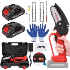 TOLARE Mini Kettensäge, 2 Akku + 1 Ladegerät Tragbare Elektrosäge Garten Logging,Einhand Kettensäge Mini Säge