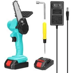 LIFCAUSAL 21 V 4-Zoll-wiederaufladbare Lithium-Batterie Elektrische Astsägen Tragbare Kleine Holzspaltkettensäge Bürstenmotor Einhand-Holzbearbeitungs-Elektrowerkzeug Für Gartenobstgärten (Grün Mit 2 Batterien)