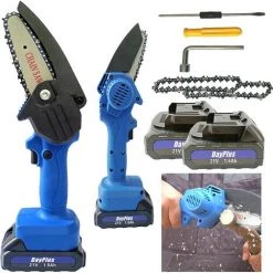 DAY PLUS Akku Kettensäge Mini Kettensäge Mit Akku Elektro Kettensäge 4 Zoll Handkettensäge Schnurloses Mit 2 Batterien & 2 Ketten, Tragbarer Motorsäge Kettensäge Für Häusliche Für Garten Baum Holz