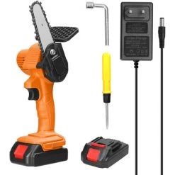 LIFCAUSAL 21 V 4-Zoll-wiederaufladbare Lithiumbatterie Elektrische Astsägen Tragbarer Kleiner Holzspaltkettensägen-Bürstenmotor Einhand-Holzbearbeitungs-Elektrowerkzeug Für Gartenobstgärten Zwei Batterien Und Eine Ladung, Gelb