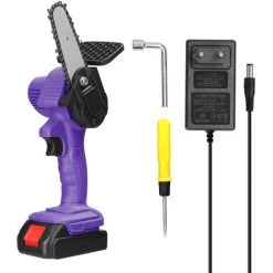 LIFCAUSAL 21 V 4-Zoll-wiederaufladbare Lithiumbatterie Elektrische Astsägen Tragbarer Kleiner Holzspaltkettensägen-Bürstenmotor Einhand-Holzbearbeitungs-Elektrowerkzeug Für Gartenobstgärten Eine Ladung, Eine Ladung, Lila