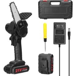 LIFCAUSAL 21 V 500 W 4-Zoll-wiederaufladbare Lithiumbatterie Elektrische Astsägen Tragbarer Kleiner Holzspaltkettensägen-Bürstenmotor Einhand-Holzbearbeitungs-Elektrowerkzeug Für Gartenobstgärten Zwei Batterien Und Eine Ladung